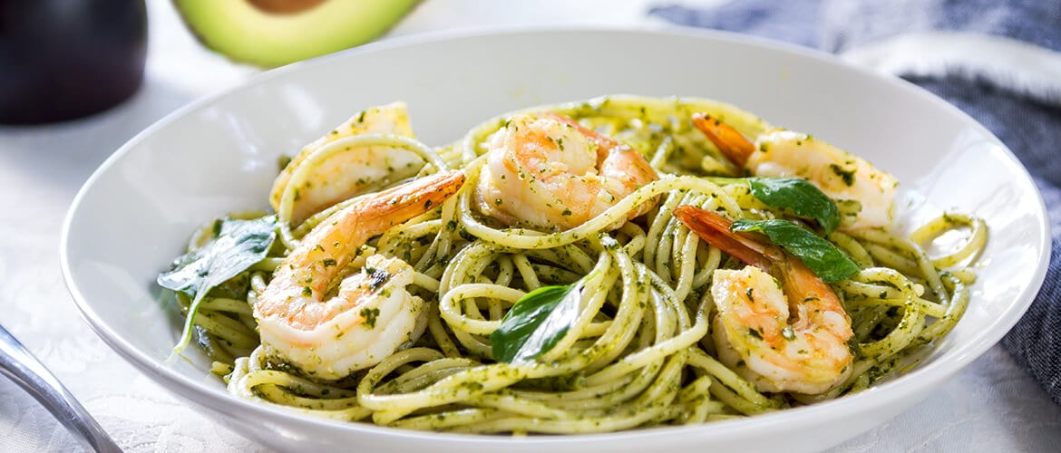 Shrimp Scampi with Avocado Sauce and Zucchini Noodles
