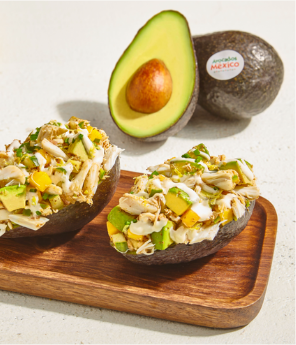 Cucumber, Mango, and Crab Salad in a Seasoned Avocado